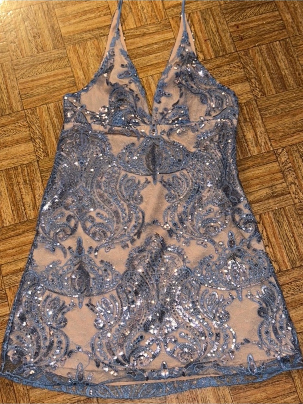 Free People Blue Sequin Lace V-Neck Mini Dress